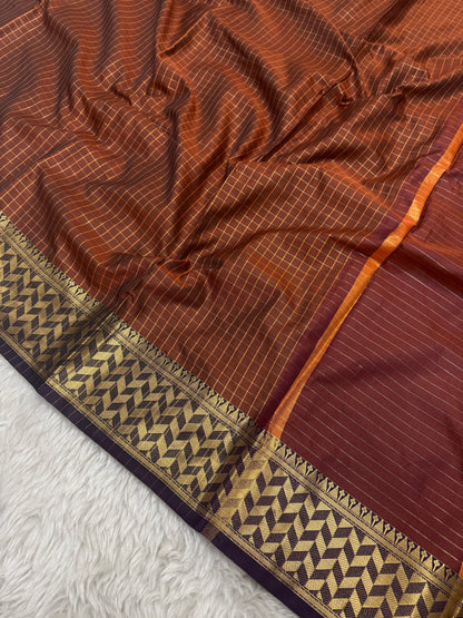 Rust Orange Semi Kanchipuram Silk Checks Saree