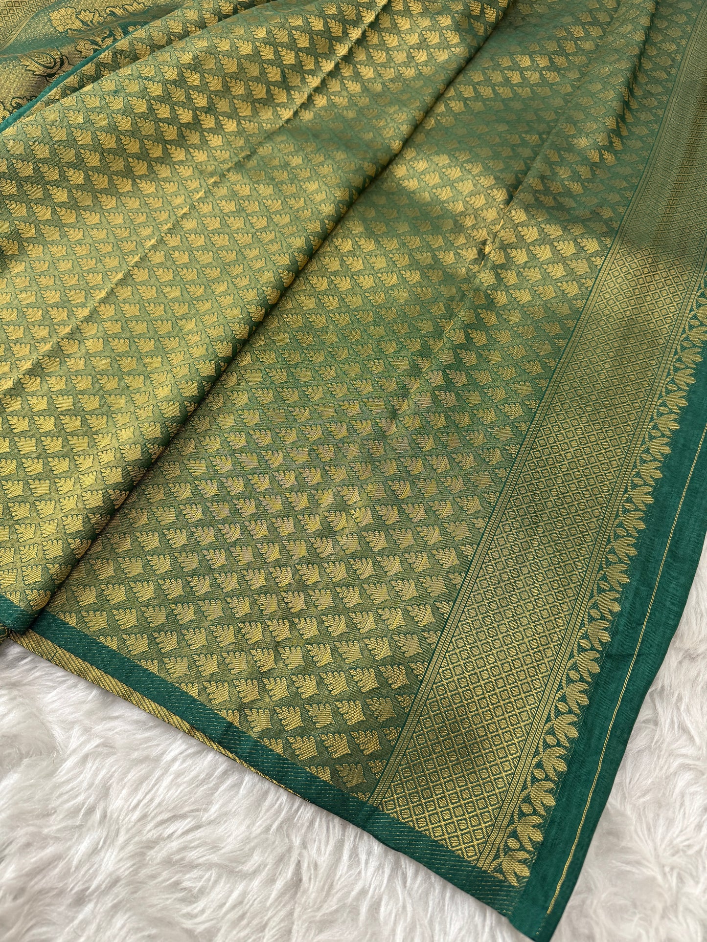 Off White to Bottle Green Kanjivaram Soft Silk Saree