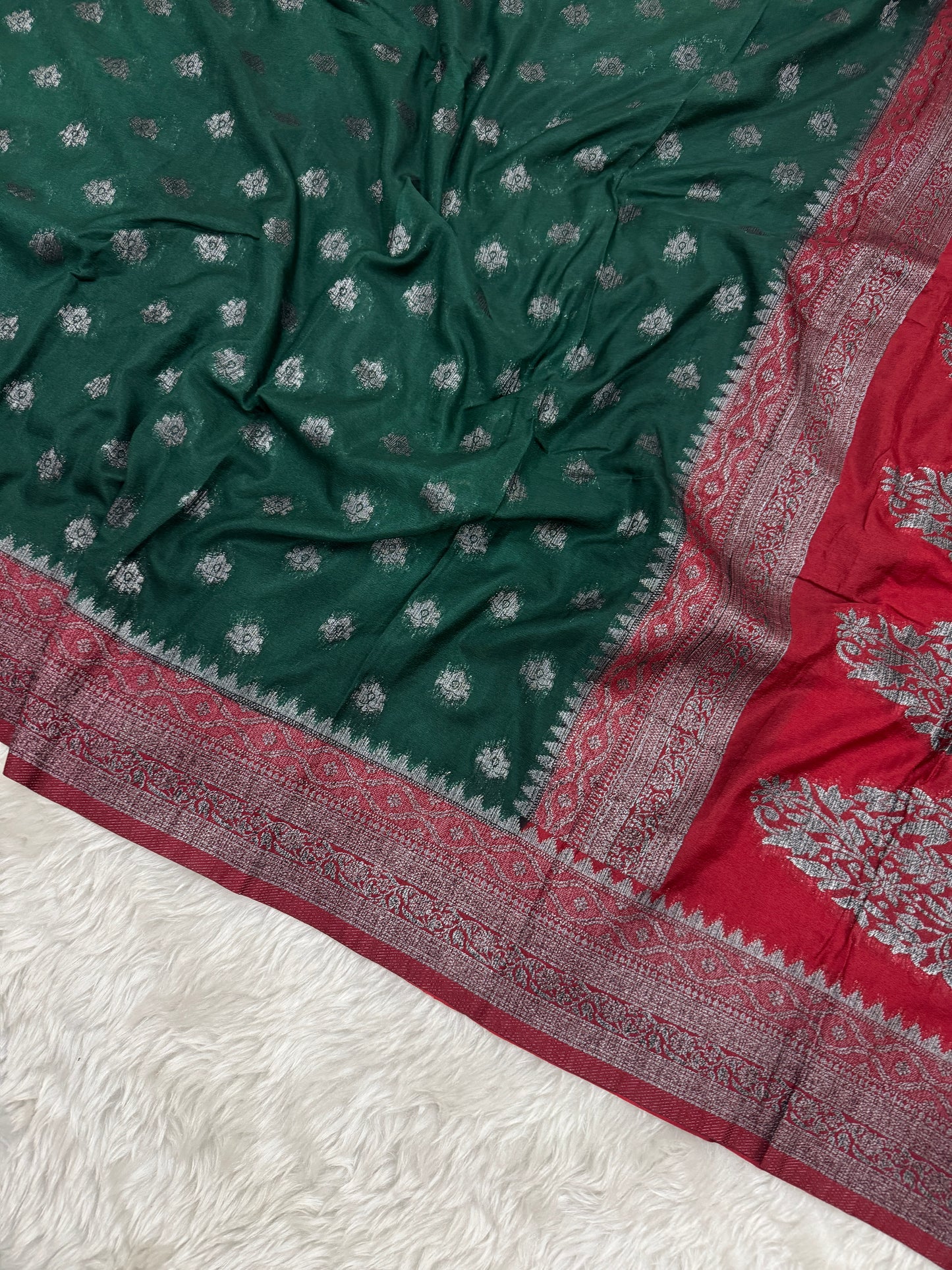 Bottle Green to Maroon Banarasi Crepe Georgette Saree