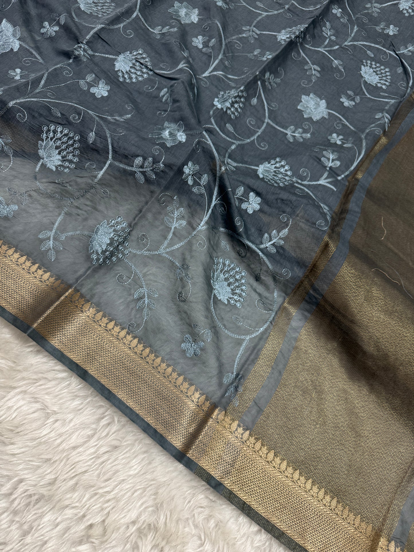 Charcoal Gray Mul Chanderi Chikankari Saree