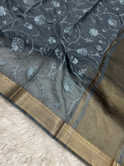 Charcoal Gray Mul Chanderi Chikankari Saree