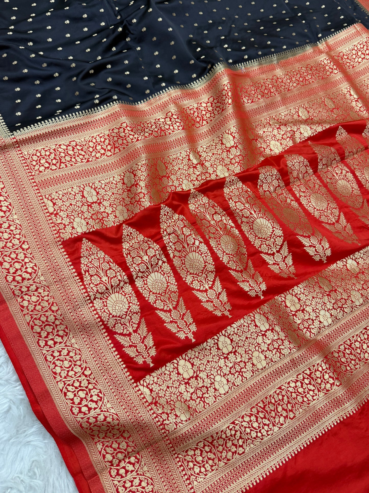 Black to Red Banarasi Mashru Silk Saree