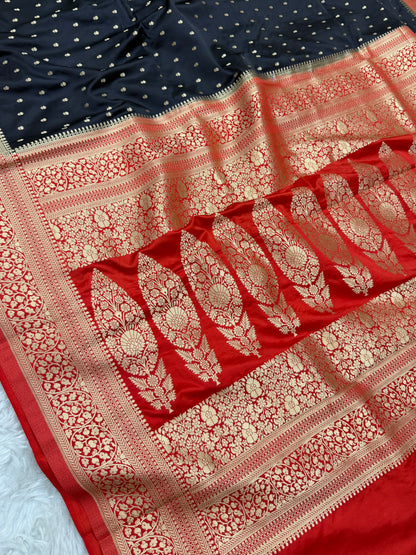 Black to Red Banarasi Mashru Silk Saree