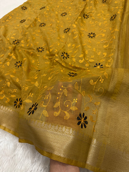 Mustard Yellow Mul Chanderi Chikankari Saree