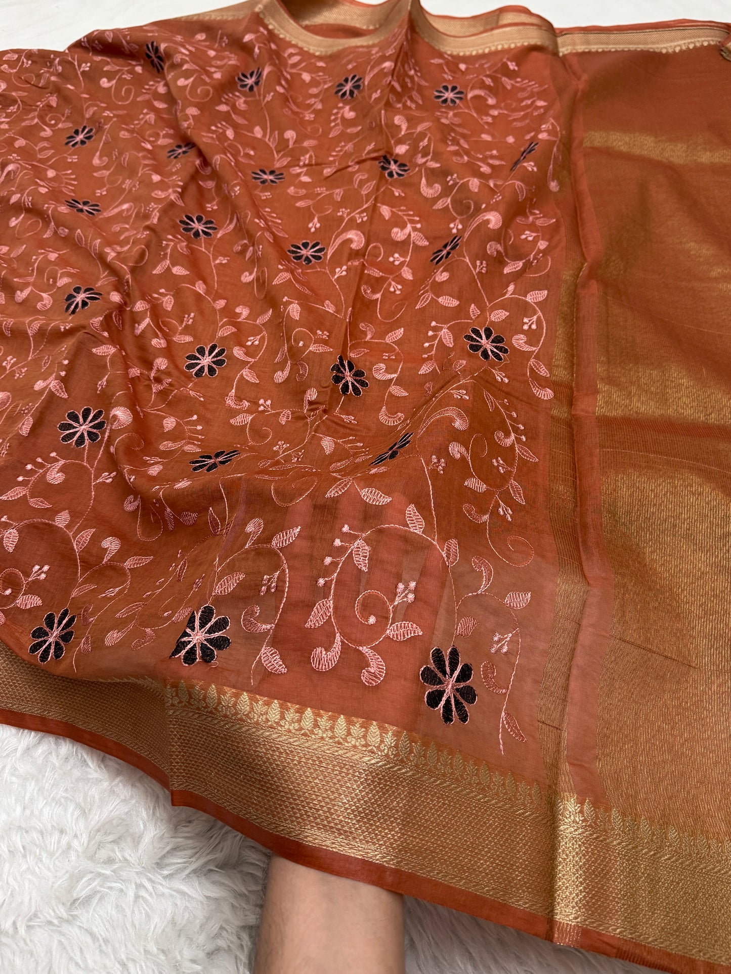Rust Orange Mul Chanderi Chikankari Saree