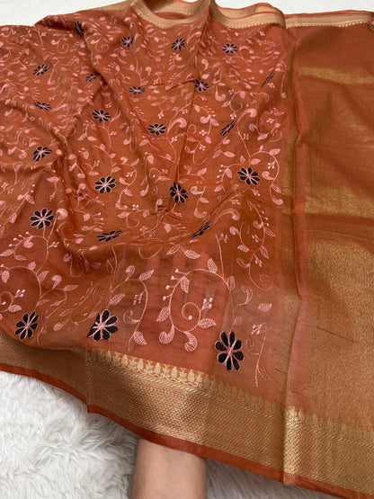 Rust Orange Mul Chanderi Chikankari Saree