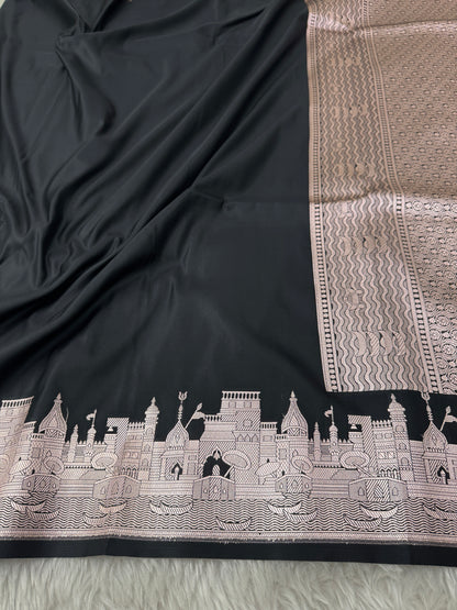 Classic Black Kashi Ghat Banarasi Satin Katan Silk Saree