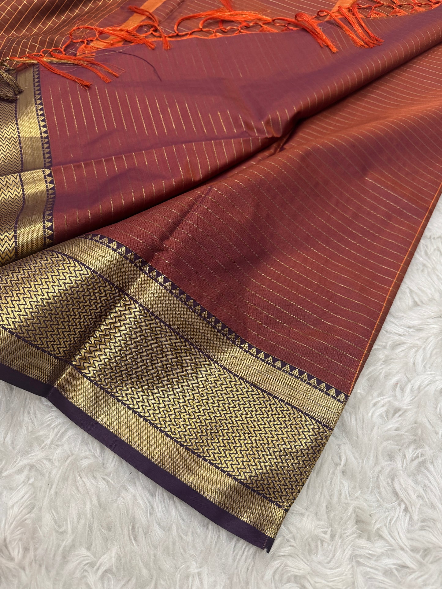 Rust Orange Semi Kanchipuram Silk Checks Saree