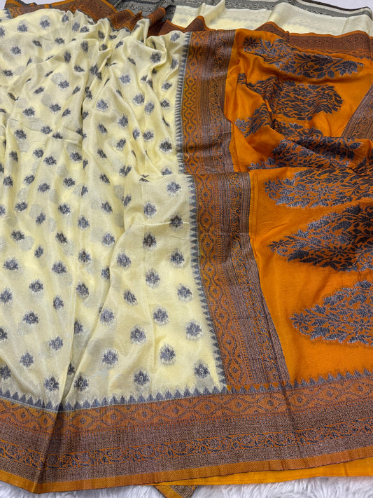 Lemon Yellow to Mustard Banarasi Crepe Georgette Saree