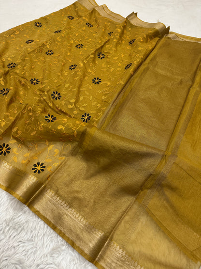 Mustard Yellow Mul Chanderi Chikankari Saree