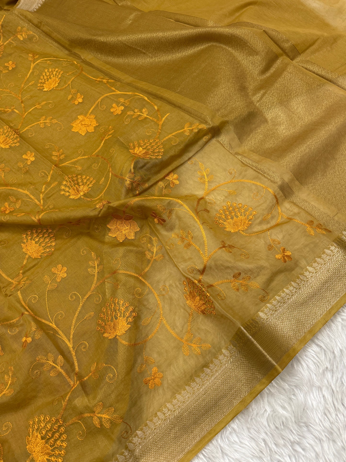 Mustard Yellow Mul Chanderi Chikankari Saree