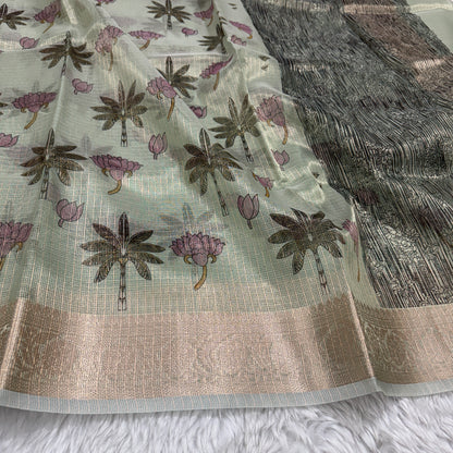 Mint Green Banarasi Kota Check Tissue Silk Printed Saree