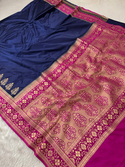 Navy Blue to Rani Pink Banarasi Mashru Silk Saree