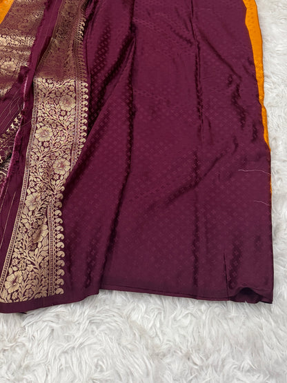 Mustard Yellow to Wine Banarasi Mashru Silk Saree