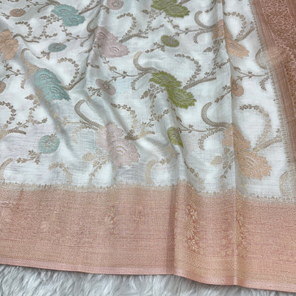 Off White to Peach Banarasi Meenakari Jaal Semi Tussar Silk Saree
