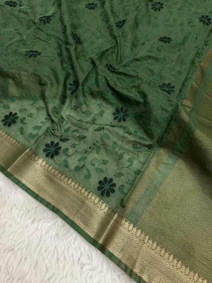 Bottle Green Mul Chanderi Chikankari Saree