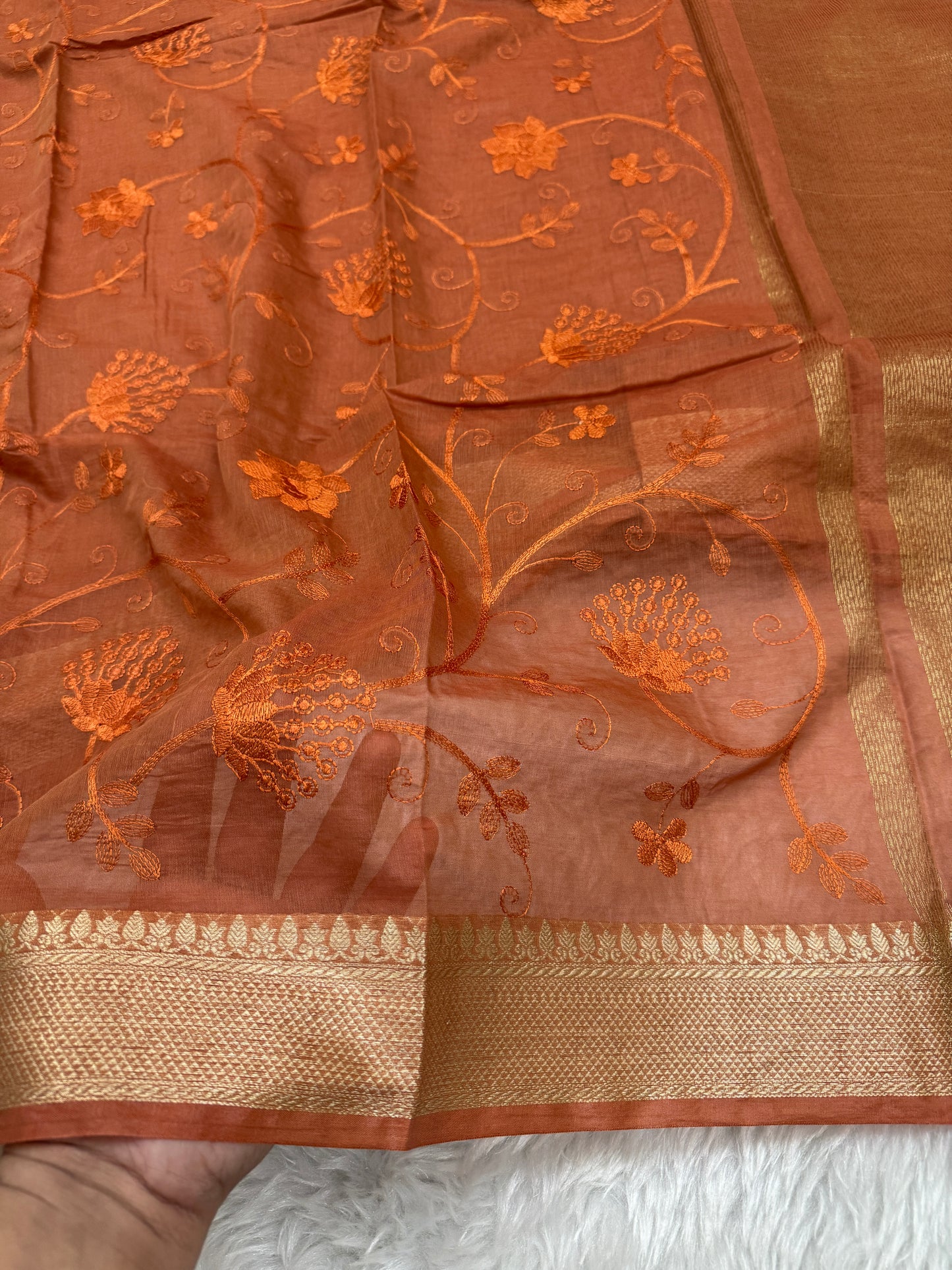 Rust Orange Mul Chanderi Chikankari Saree