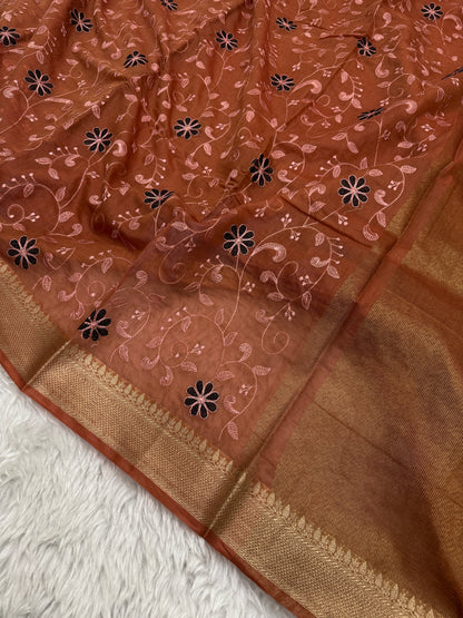 Rust Orange Mul Chanderi Chikankari Saree