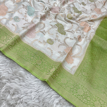 Off White to Mehendi Green Banarasi Meenakari Jaal Semi Tussar Silk Saree