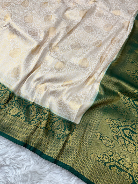 Off White to Bottle Green Kanjivaram Soft Silk Saree