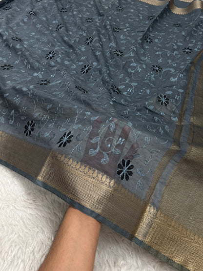 Charcoal Gray Mul Chanderi Chikankari Saree