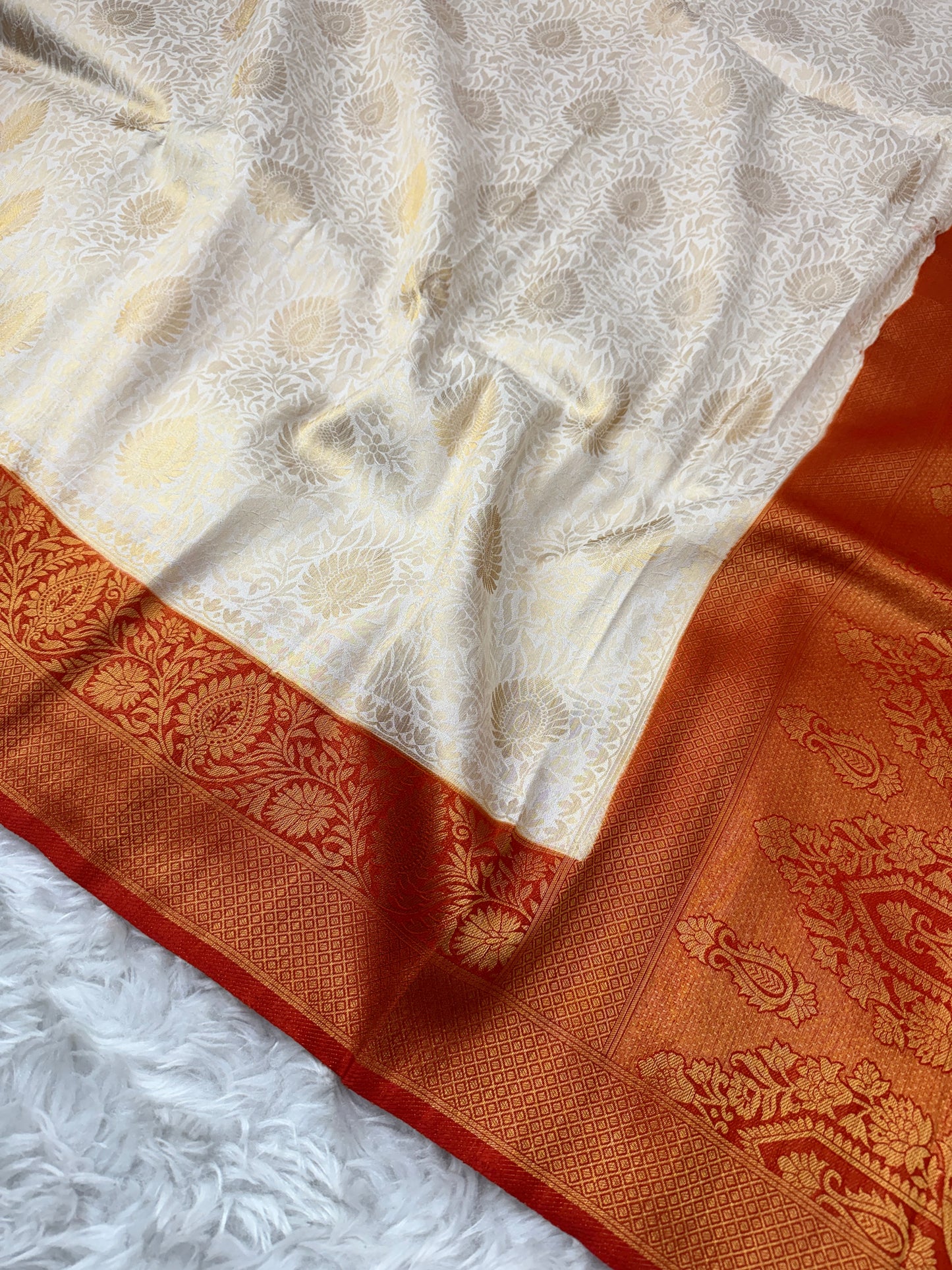 Off White to Burnt Orange Kanjivaram Soft Silk Saree