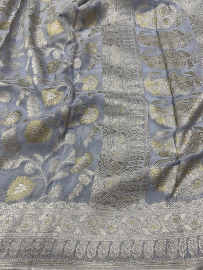 Ash Grey Banarasi Viscose Khaddi Georgette Saree