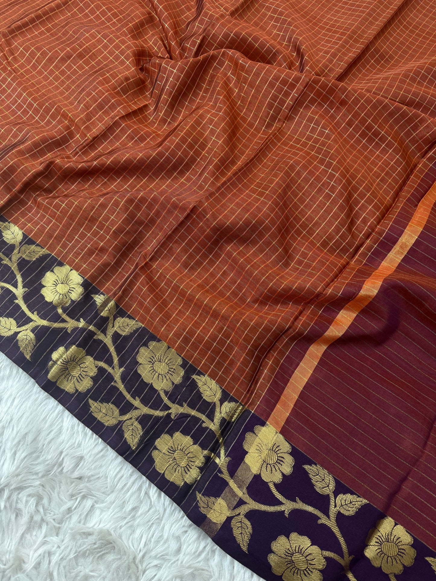 Rust Orange Semi Kanchipuram Silk Checks Saree