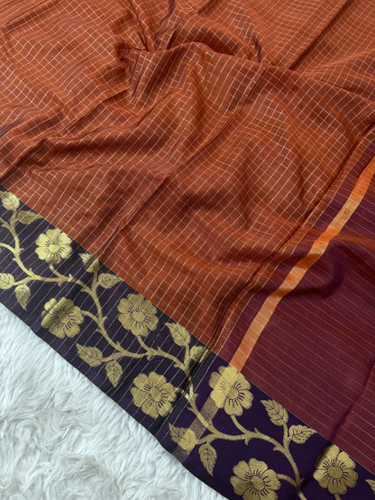 Rust Orange Semi Kanchipuram Silk Checks Saree