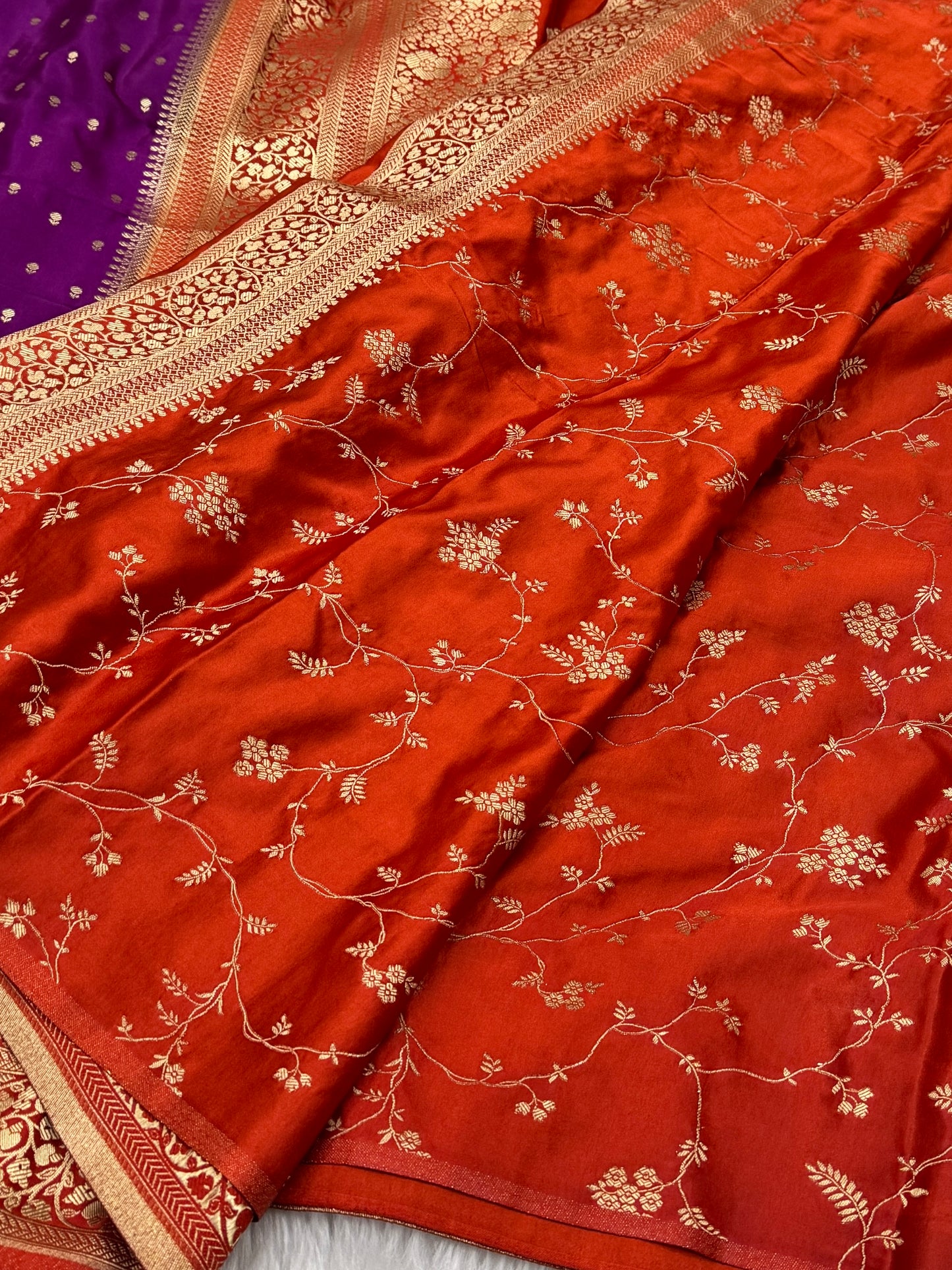 Purple to Burnt Orange Banarasi Mashru Silk Saree