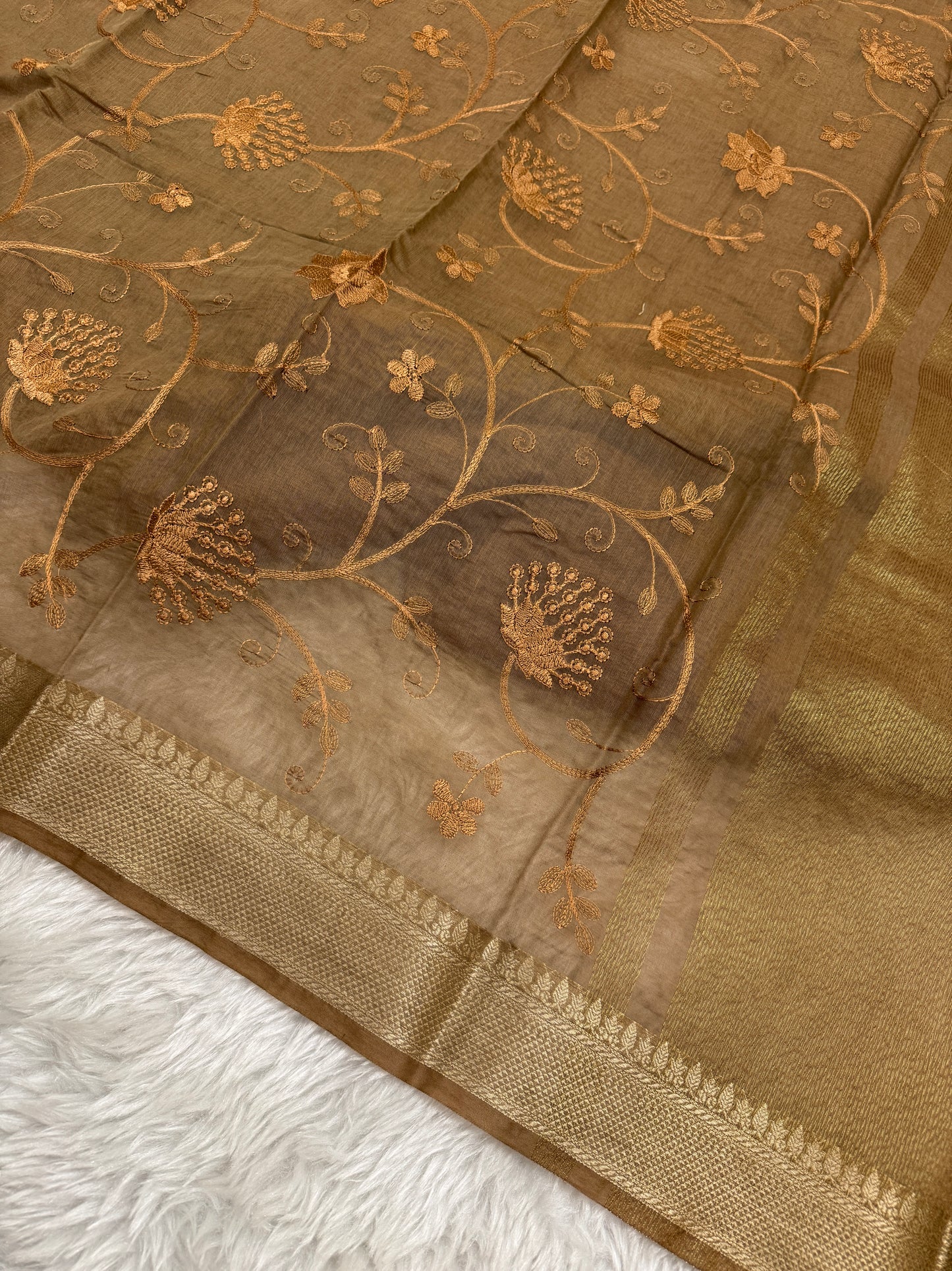Dusty Brown Mul Chanderi Chikankari Saree