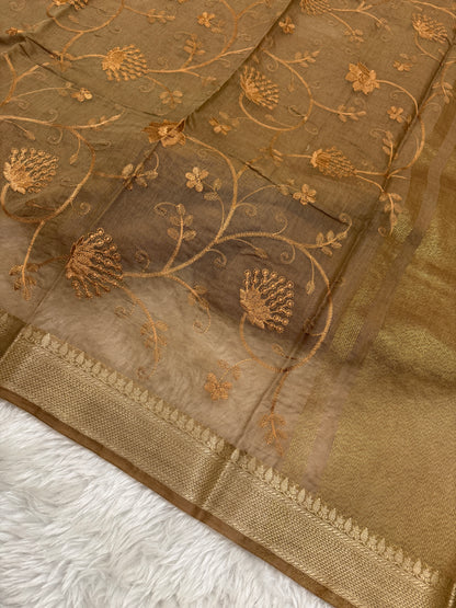 Dusty Brown Mul Chanderi Chikankari Saree