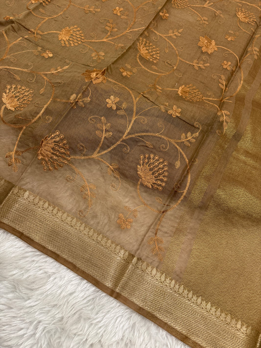Dusty Brown Mul Chanderi Chikankari Saree