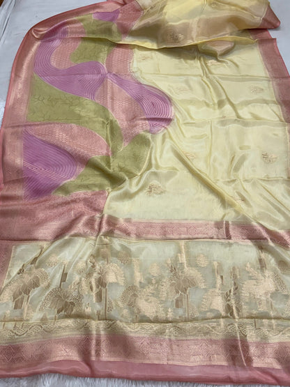 Pastel Yellow Banarasi Rangkaat Organza Crepe Silk Saree