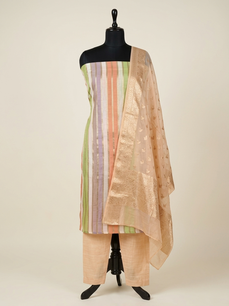 Beige Rangkaat Mul Chanderi Banarasi Suit Set