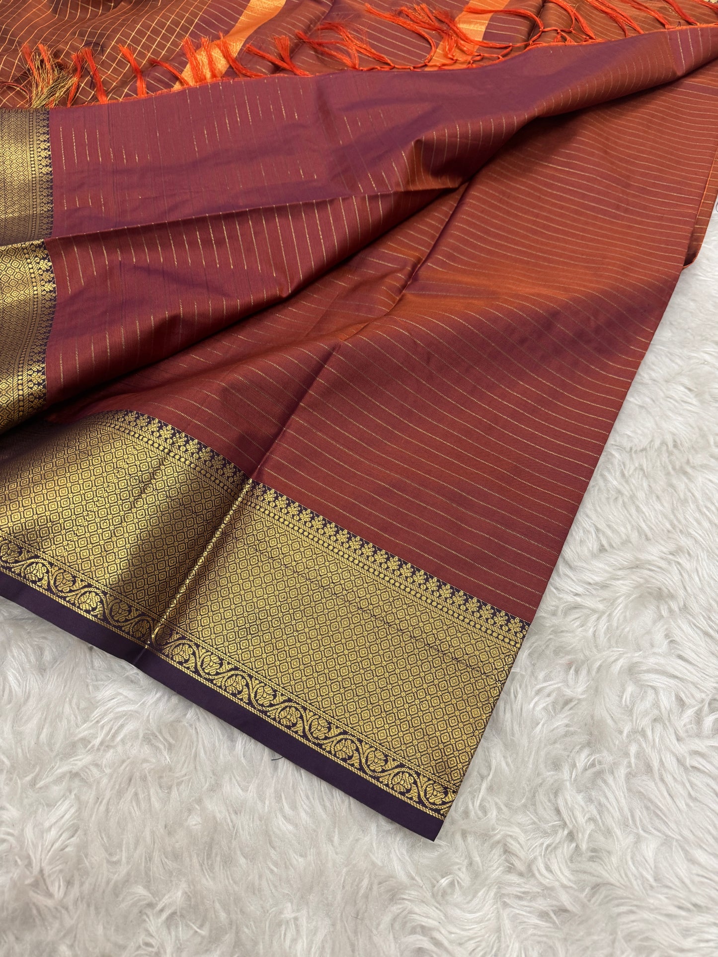 Rust Orange Semi Kanchipuram Silk Checks Saree
