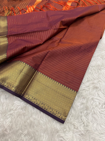 Rust Orange Semi Kanchipuram Silk Checks Saree