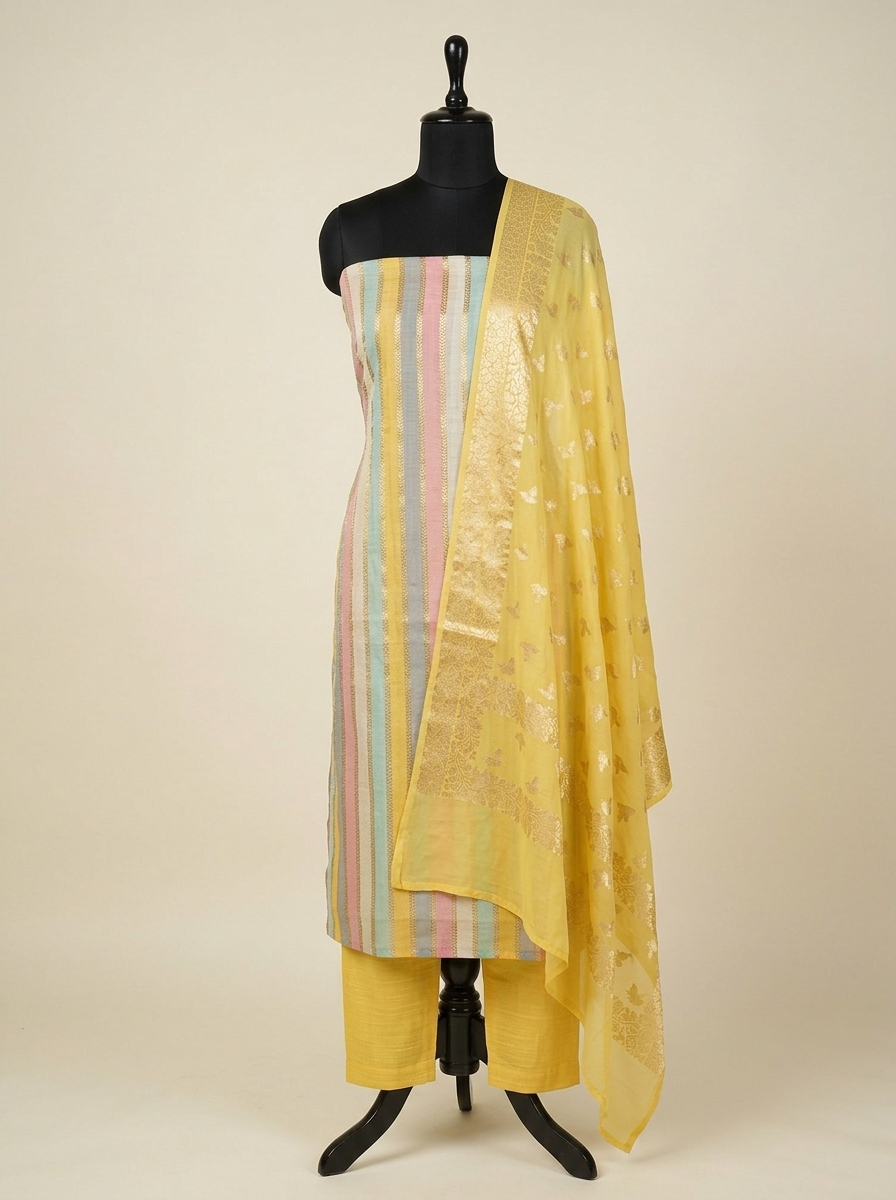 Yellow Rangkaat Mul Chanderi Banarasi Suit Set