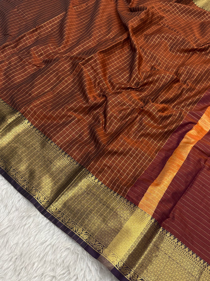 Rust Orange Semi Kanchipuram Silk Checks Saree
