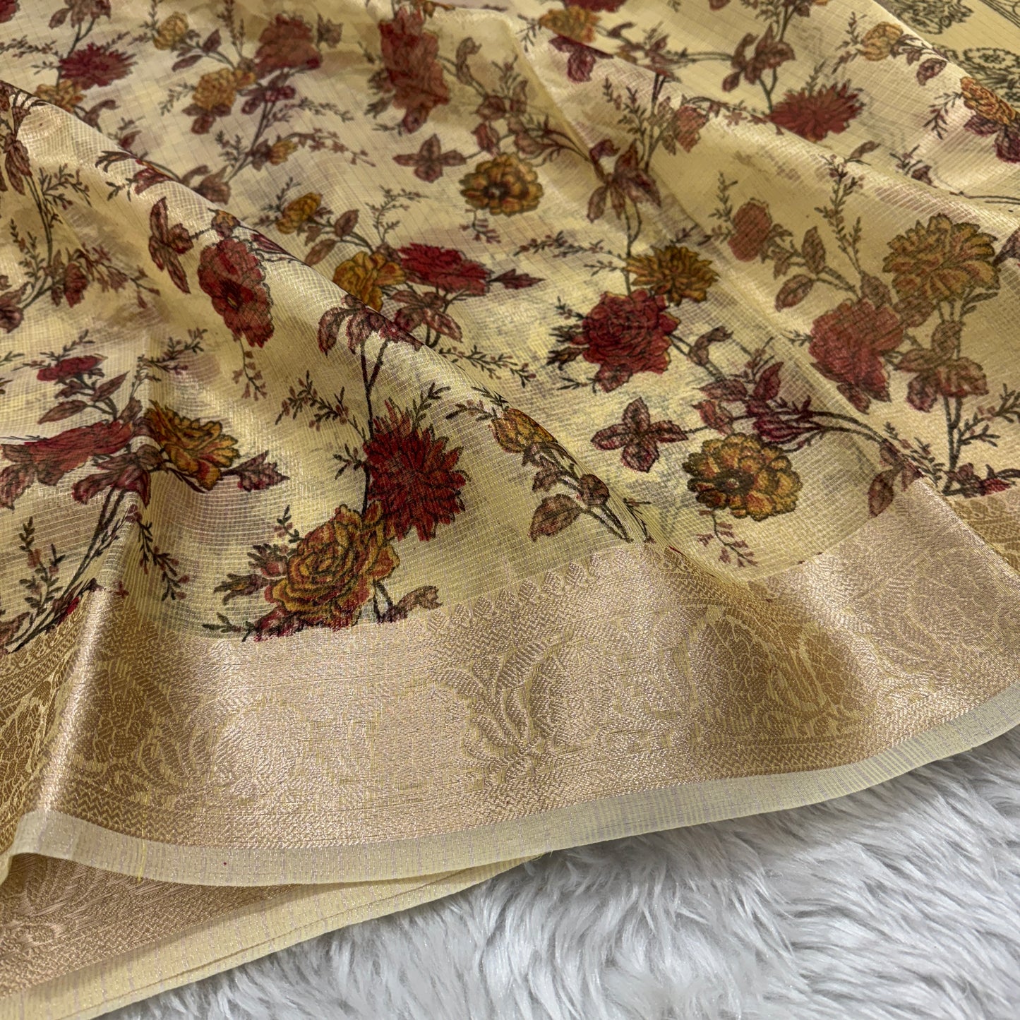 Lemon Yellow Banarasi Kota Check Tissue Silk Printed Saree