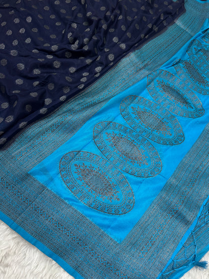 Navy Blue to Firozi Banarasi Crepe Georgette Saree