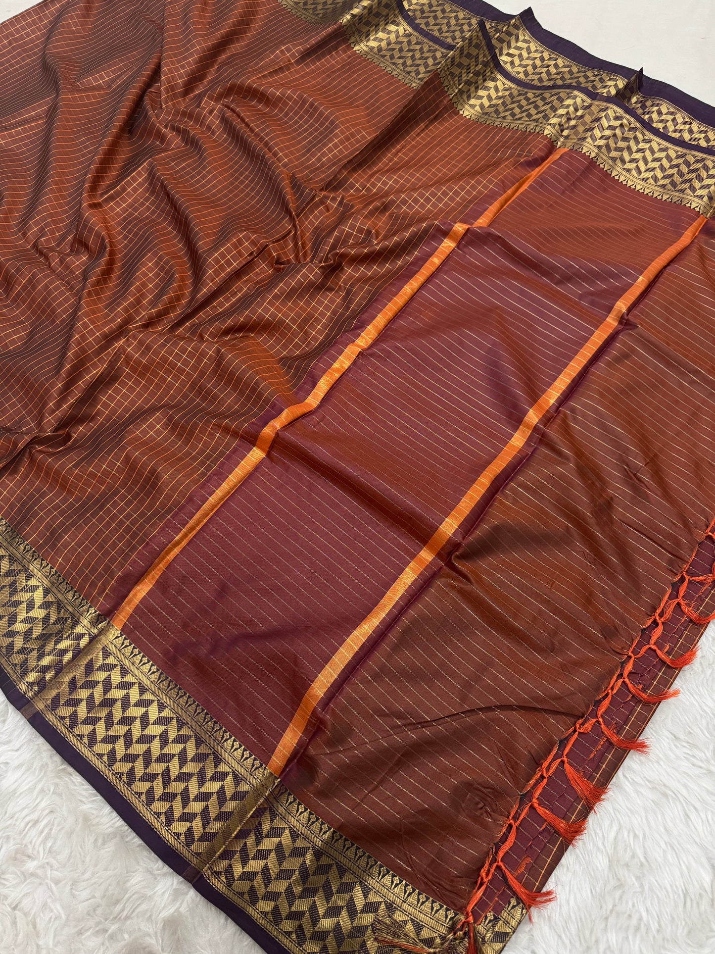 Rust Orange Semi Kanchipuram Silk Checks Saree