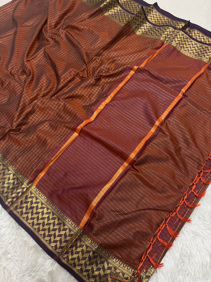 Rust Orange Semi Kanchipuram Silk Checks Saree