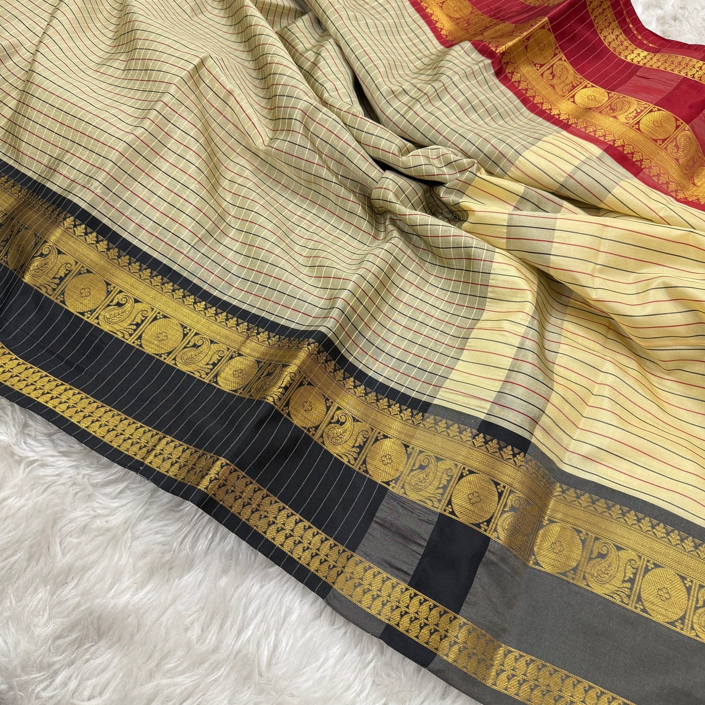 Black and Red Border Cream Checked Pattern Kanjivaram Semi Soft Silk Saree