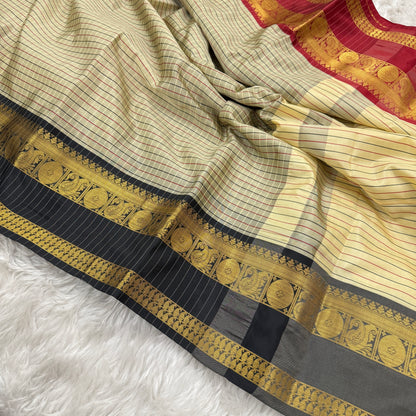 Black and Red Border Cream Checked Pattern Kanjivaram Semi Soft Silk Saree