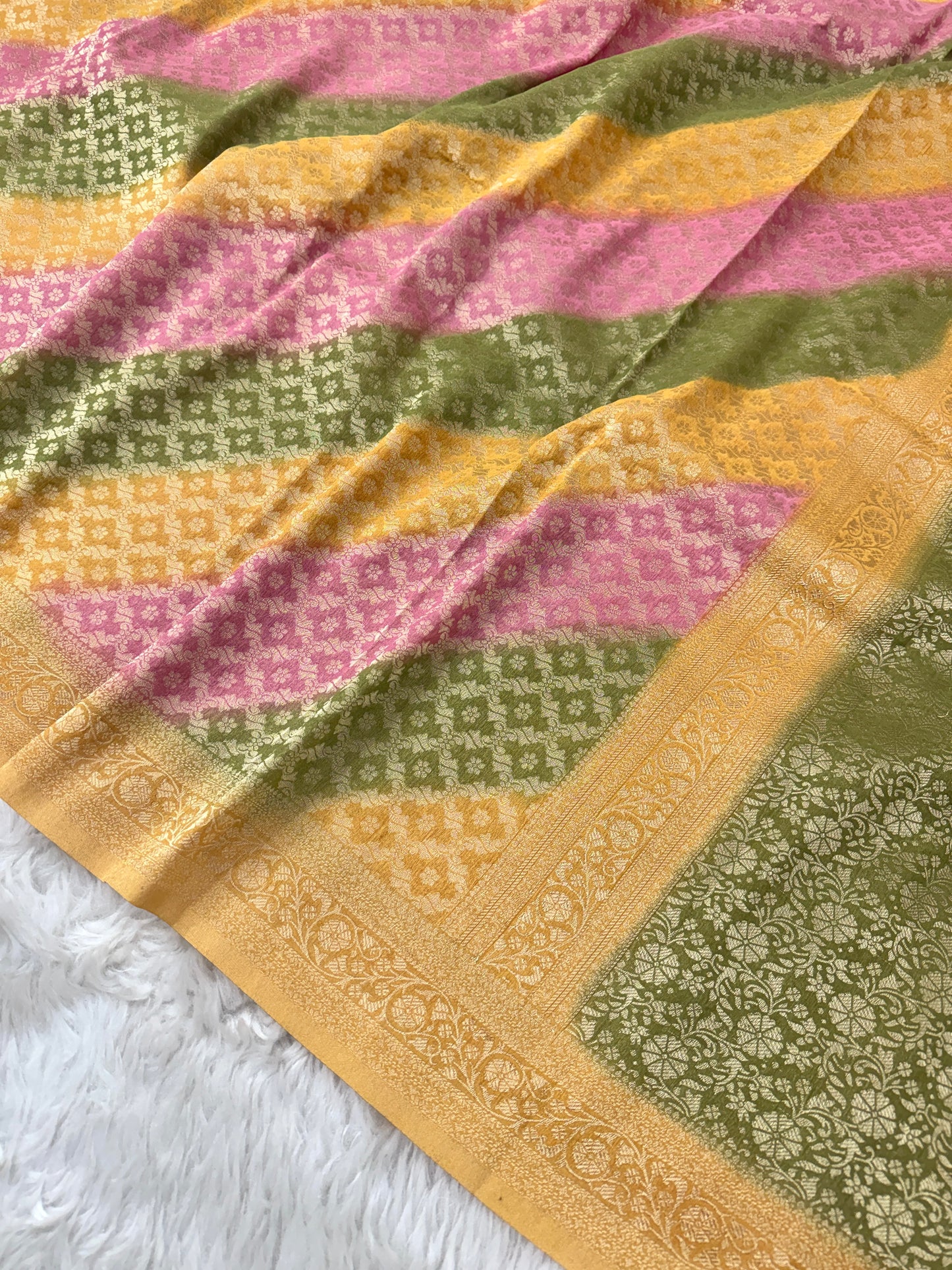 Mustard Yellow Leheriya Rangkaat Banarasi Khaddi Georgette Saree