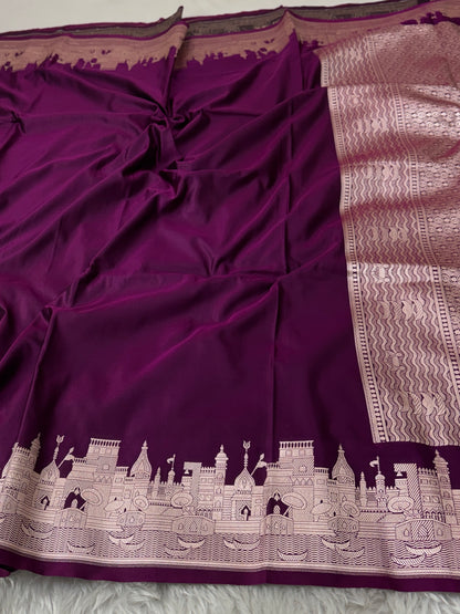 Deep Wine Kashi Ghat Banarasi Satin Katan Silk Saree