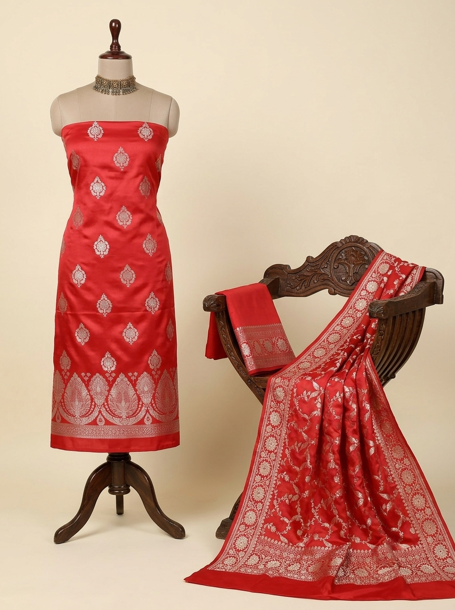 Bridal Red Premium Banarasi Mashru Silk Suit Set