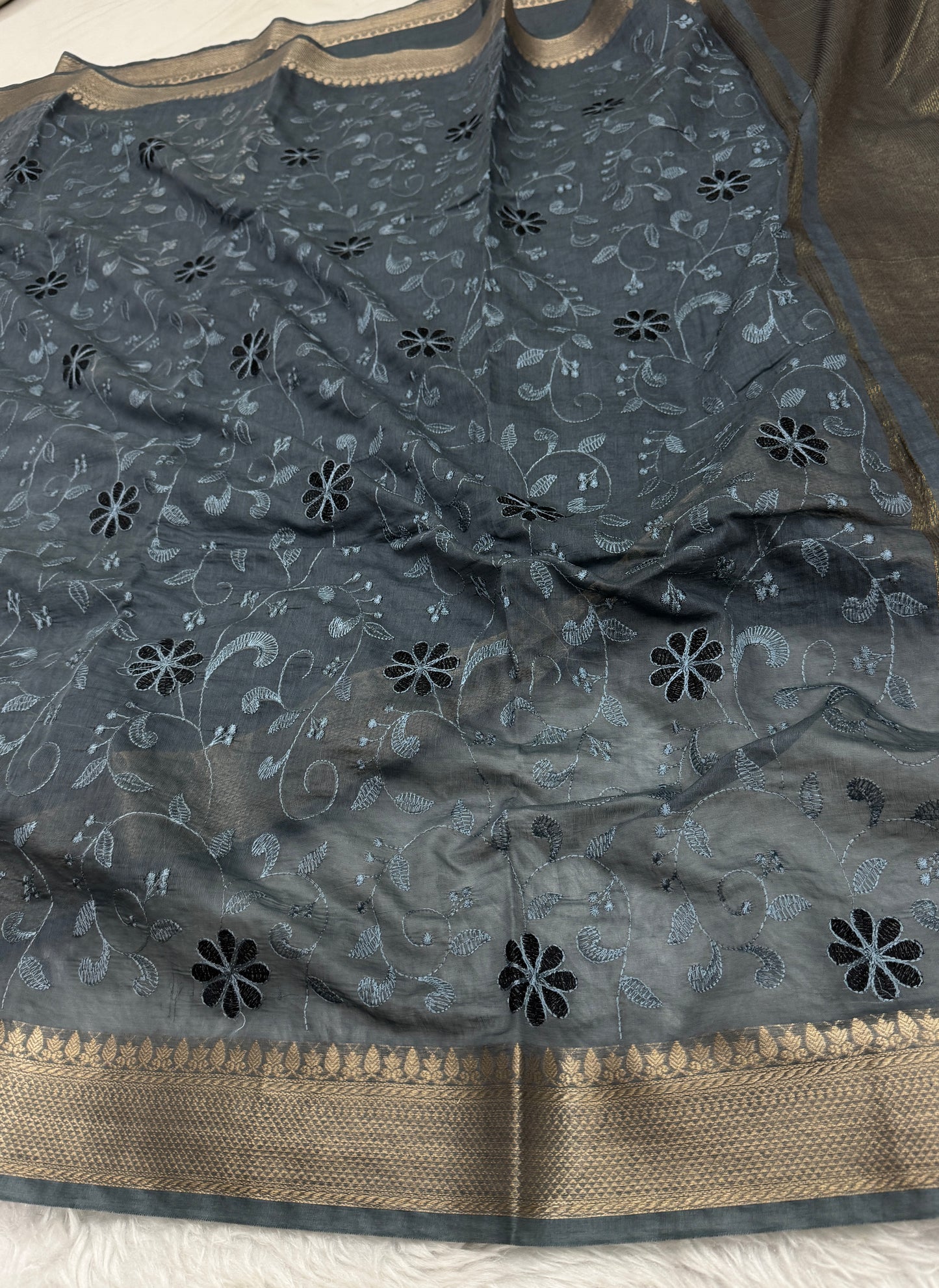 Charcoal Gray Mul Chanderi Chikankari Saree