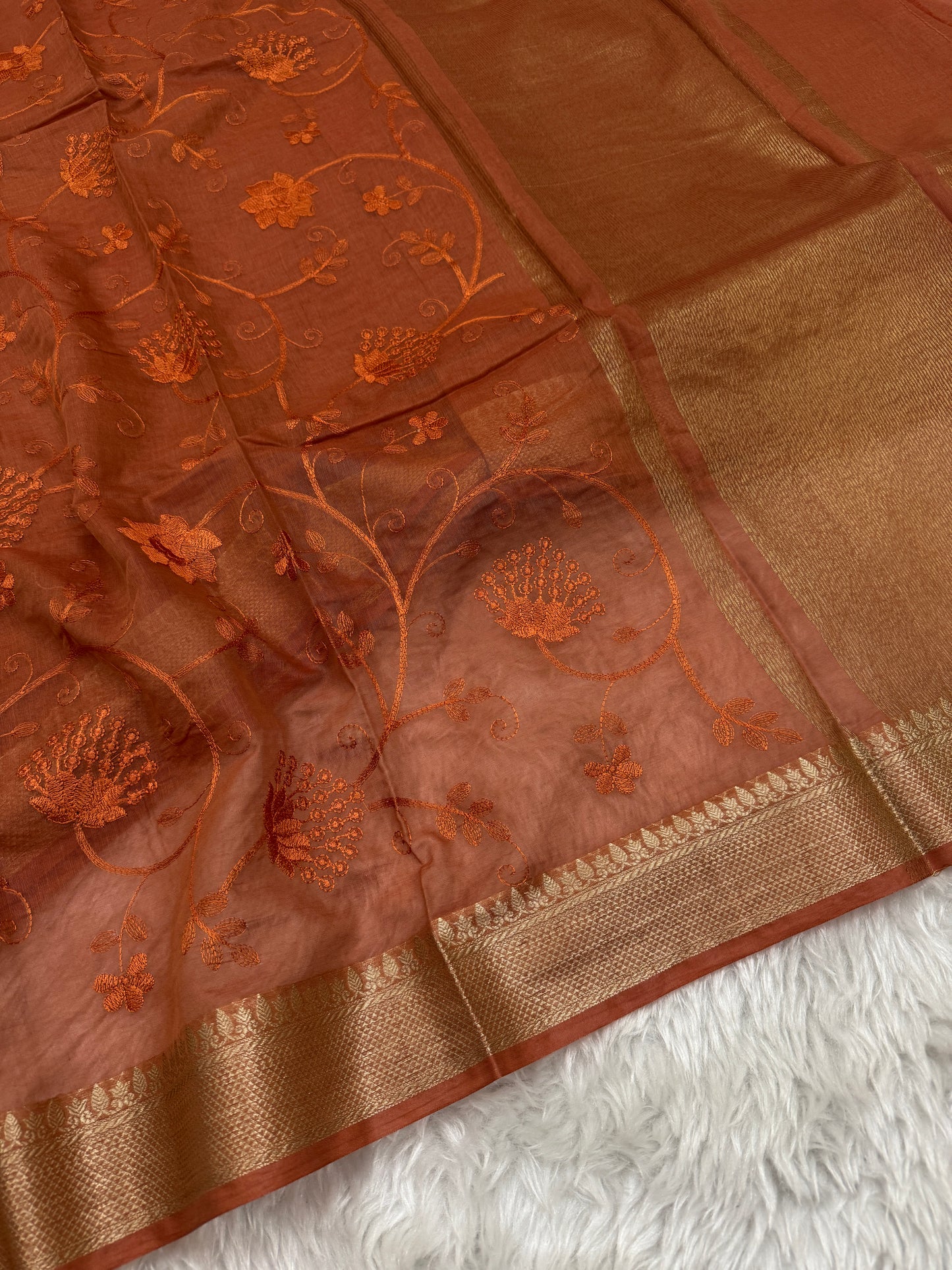 Rust Mul Chanderi Chikankari Saree